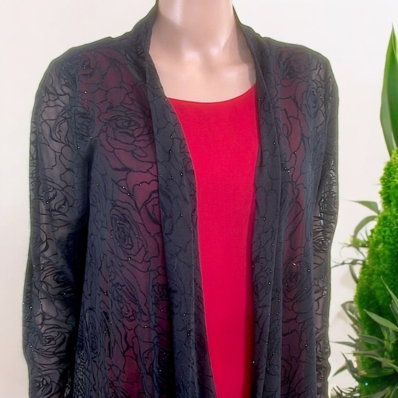 Bianca Nygard Black Sheer Open Front Sparkly Rosette Emboss Mesh Cardigan - Picture 11 of 17